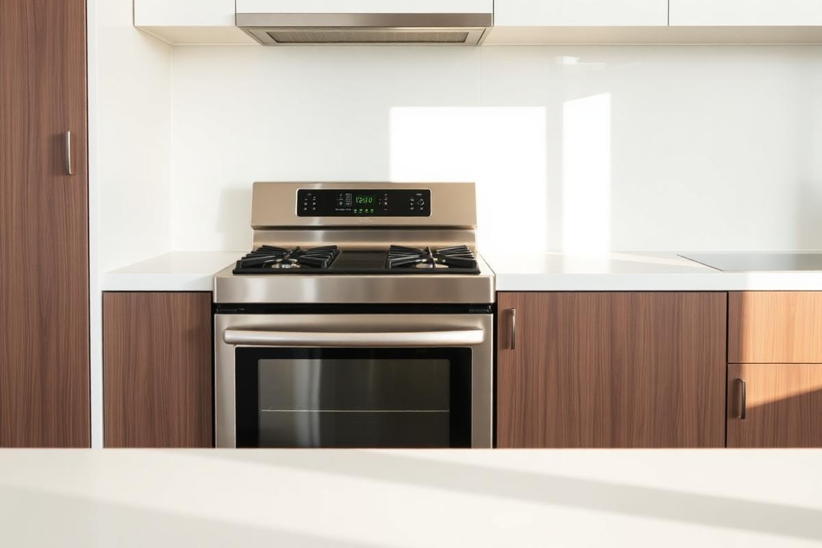 Clean oven, splashback and empty benchtop in a rental kitchen after end of lease cleaning
