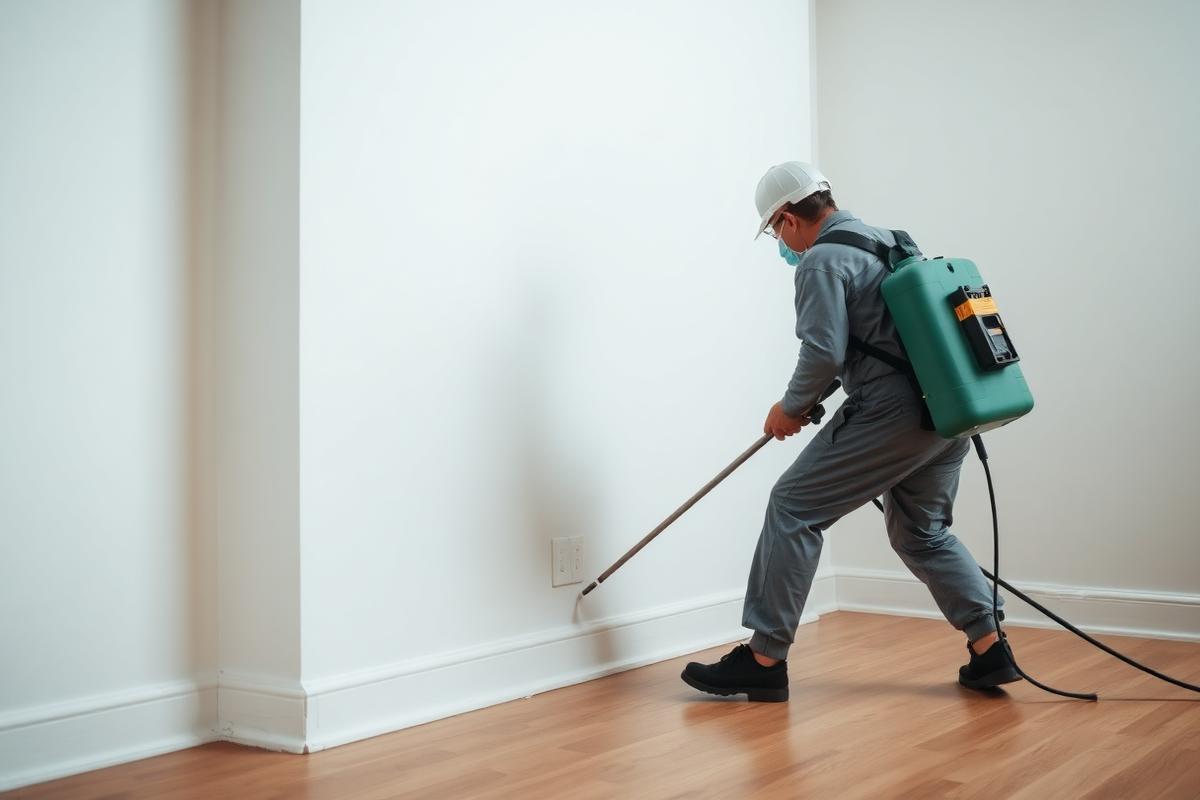 Pest control technician treating skirting boards in an empty rental property
